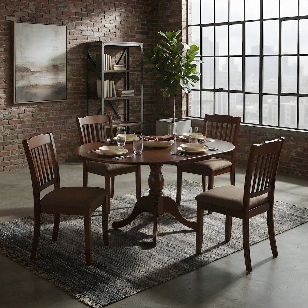 Linen-Upholstered Slatted-Back Wood Kitchen Table 5 Piece Set