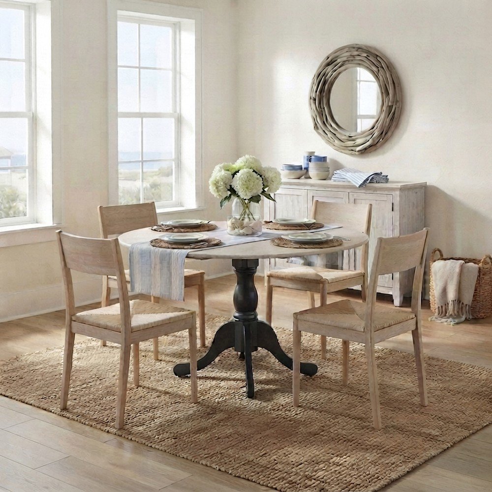 Wood Round Dining Table with Drop-Leaf Top and Pedestal, Wirebrushed Buttercream