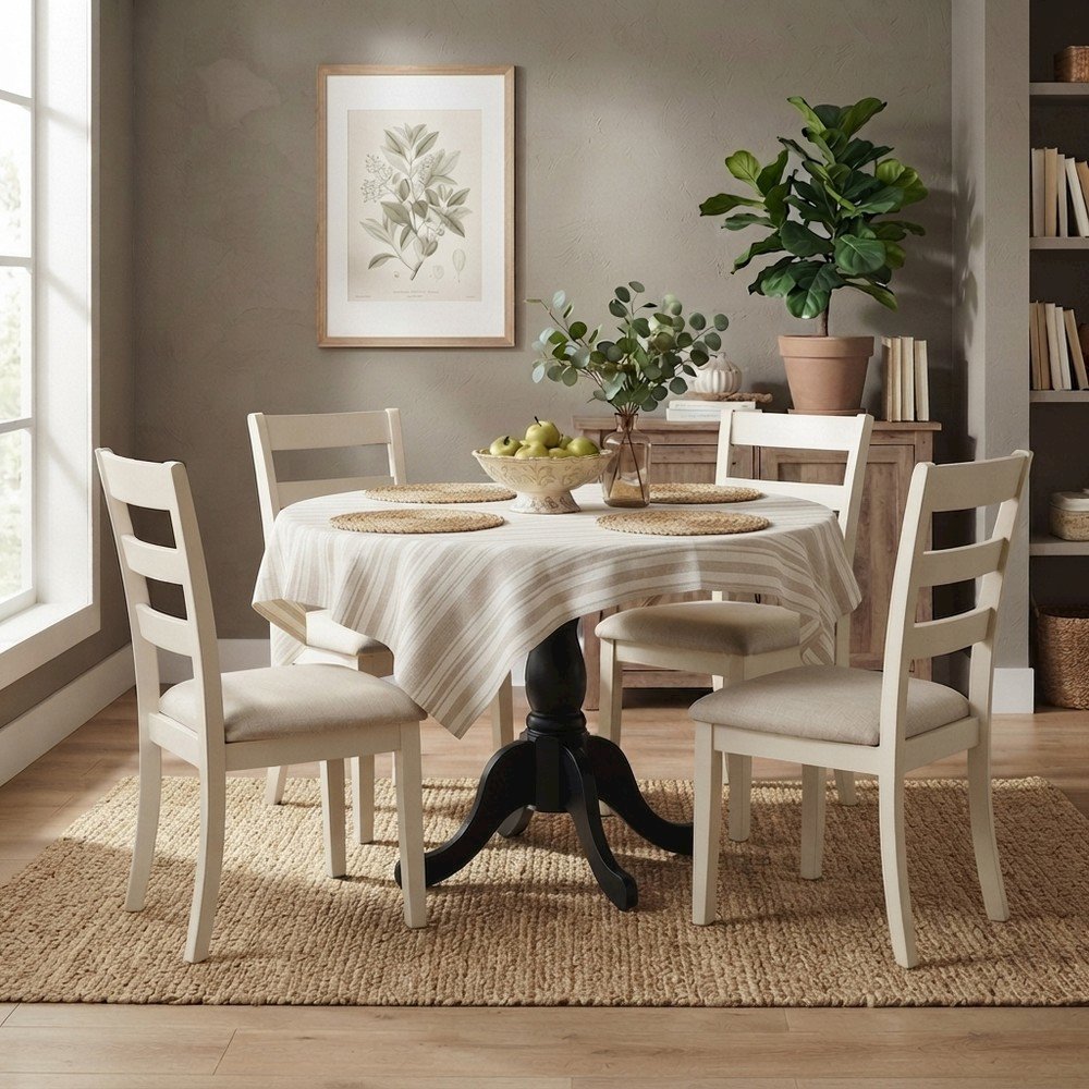 Wood Round Dining Table with Drop-Leaf Top and Pedestal, Wirebrushed Buttercream
