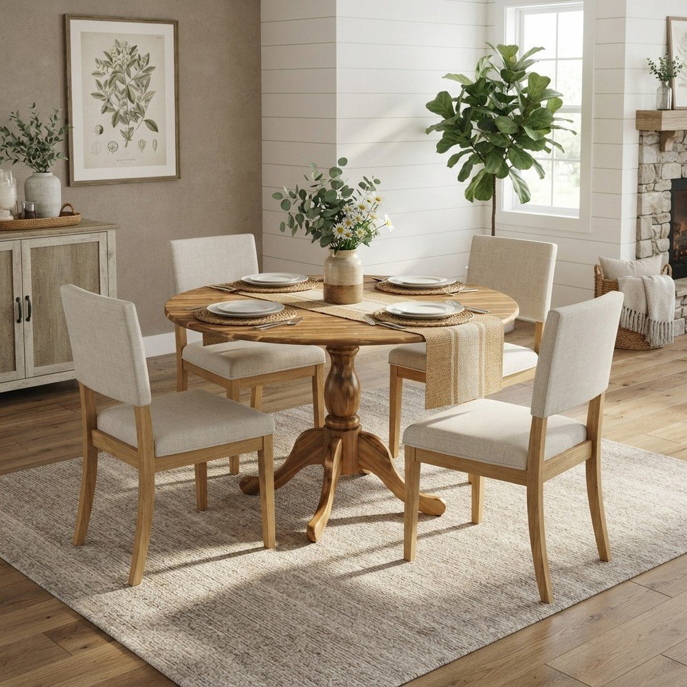 Wood Round Dining Table with Drop-Leaf Top and Pedestal, Natural
