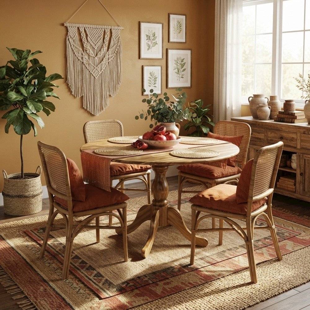 Wood Round Dining Table with Drop-Leaf Top and Pedestal, Natural