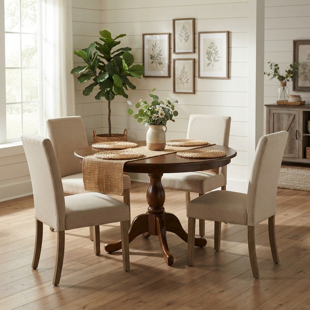 Wood Round Dining Table with Drop-Leaf Top and Pedestal, Walnut