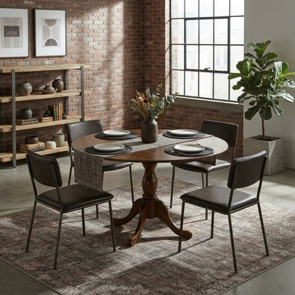 Wood Round Dining Table with Drop-Leaf Top and Pedestal, Walnut