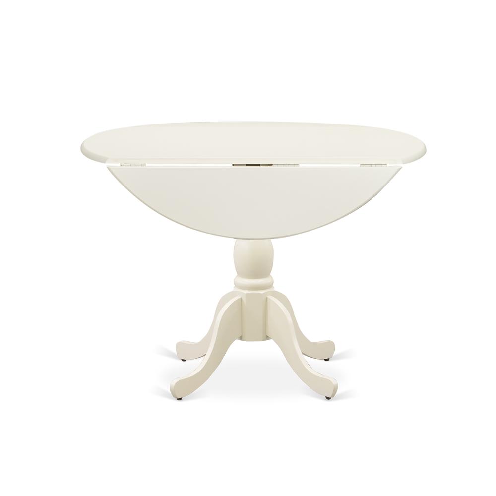 East West Furniture DMT-LWH-TP Round Wood Table Linen White Color Drops Leave Table Top Surface and Asian Wood Dining Table Pedestal Legs -Linen White Finish