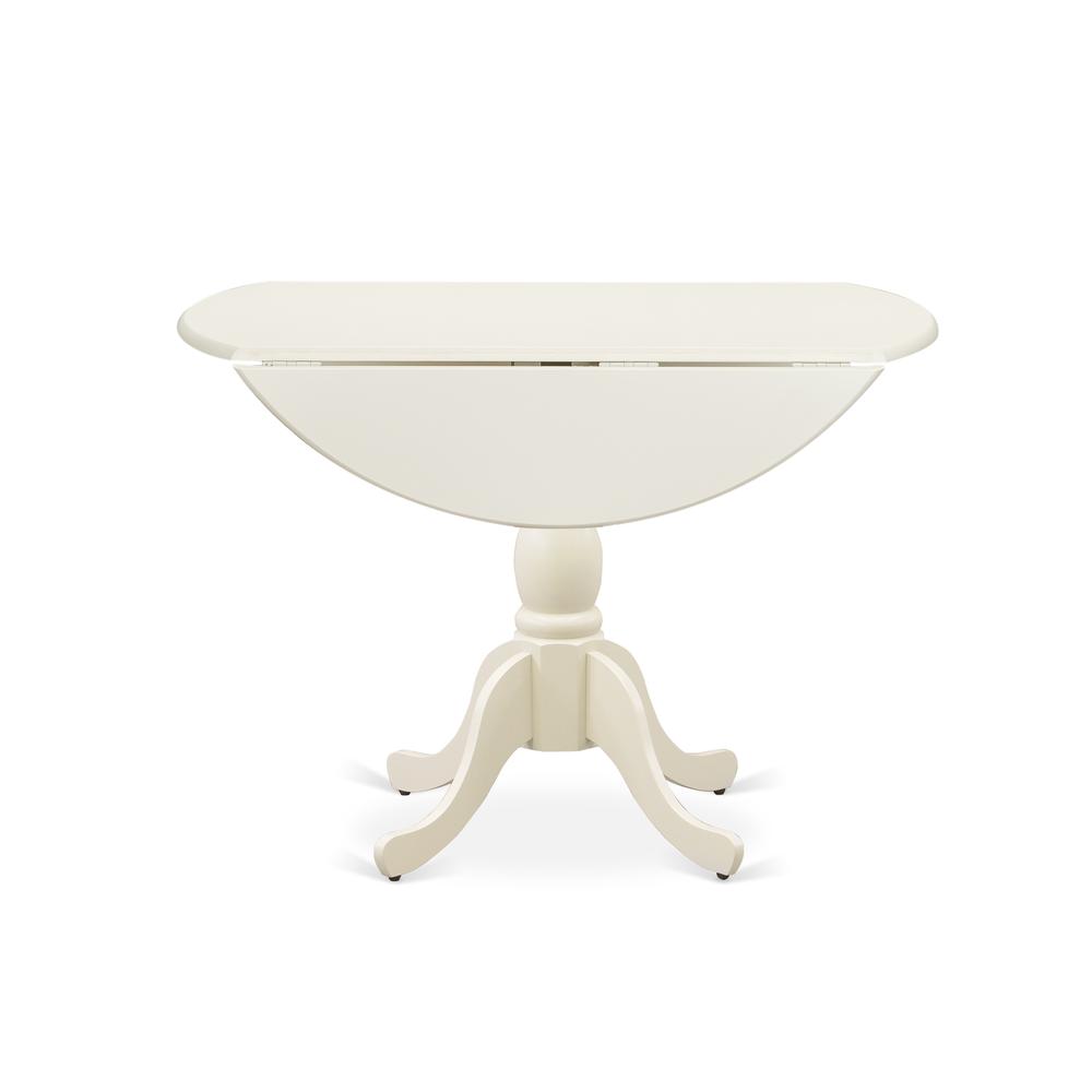 East West Furniture DMT-LWH-TP Round Wood Table Linen White Color Drops Leave Table Top Surface and Asian Wood Dining Table Pedestal Legs -Linen White Finish