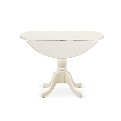 East West Furniture DMT-LWH-TP Round Wood Table Linen White Color Drops Leave Table Top Surface and Asian Wood Dining Table Pedestal Legs -Linen White Finish