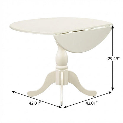 Wood Round Dining Table with Drop-Leaf Top and Pedestal, Linen White