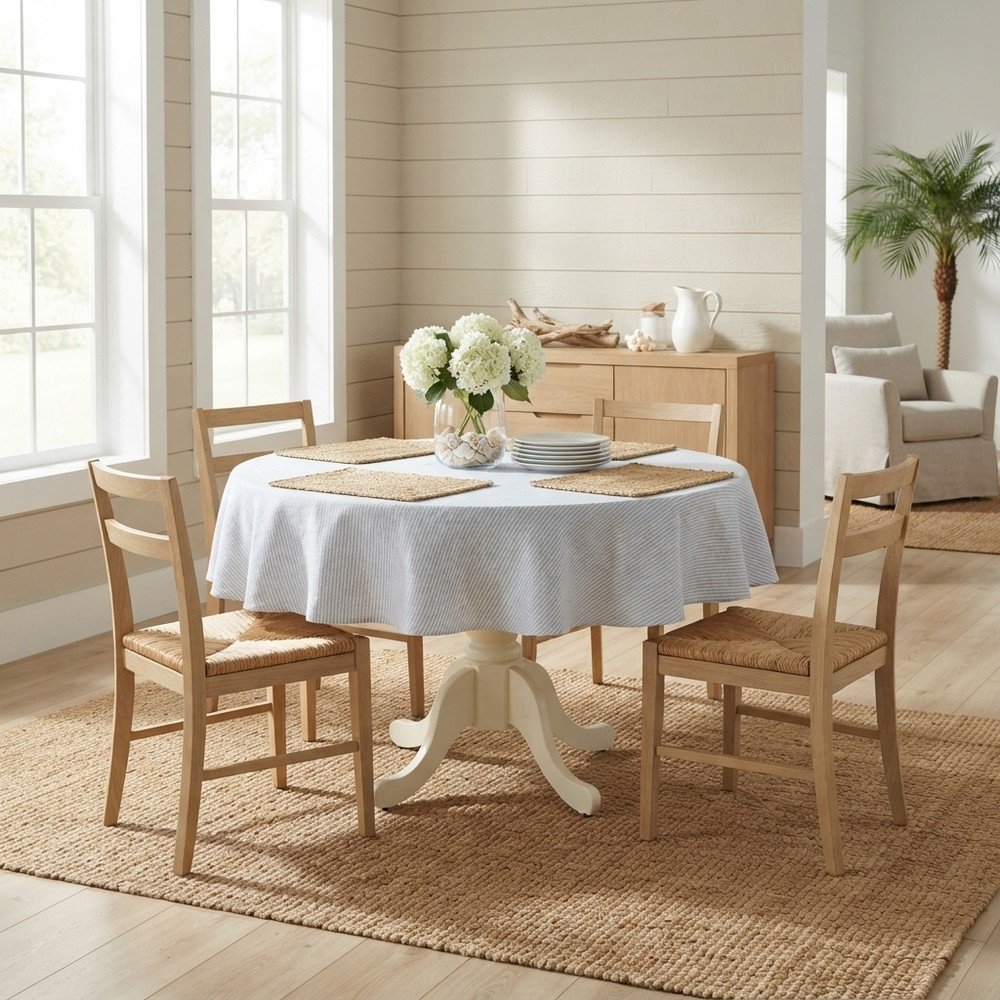 Wood Round Dining Table with Drop-Leaf Top and Pedestal, Linen White