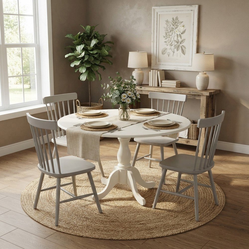 Wood Round Dining Table with Drop-Leaf Top and Pedestal, Linen White