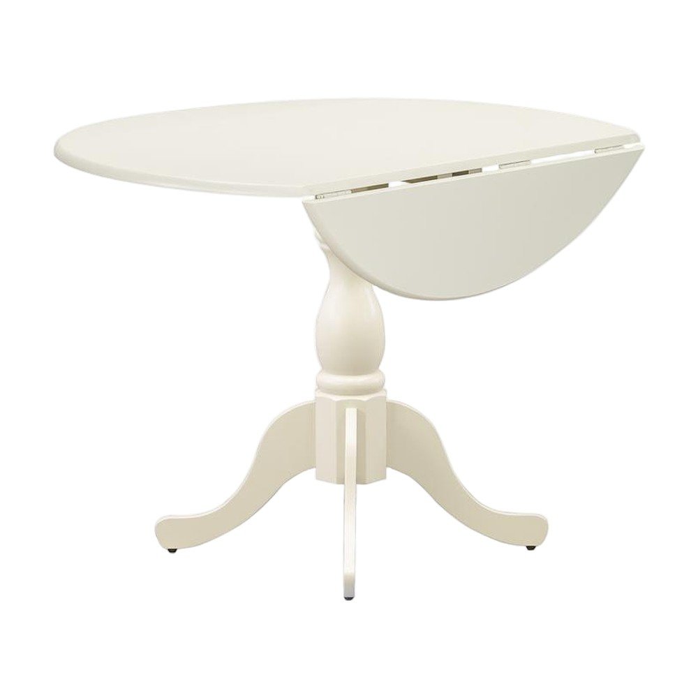 Wood Round Dining Table with Drop-Leaf Top and Pedestal, Linen White