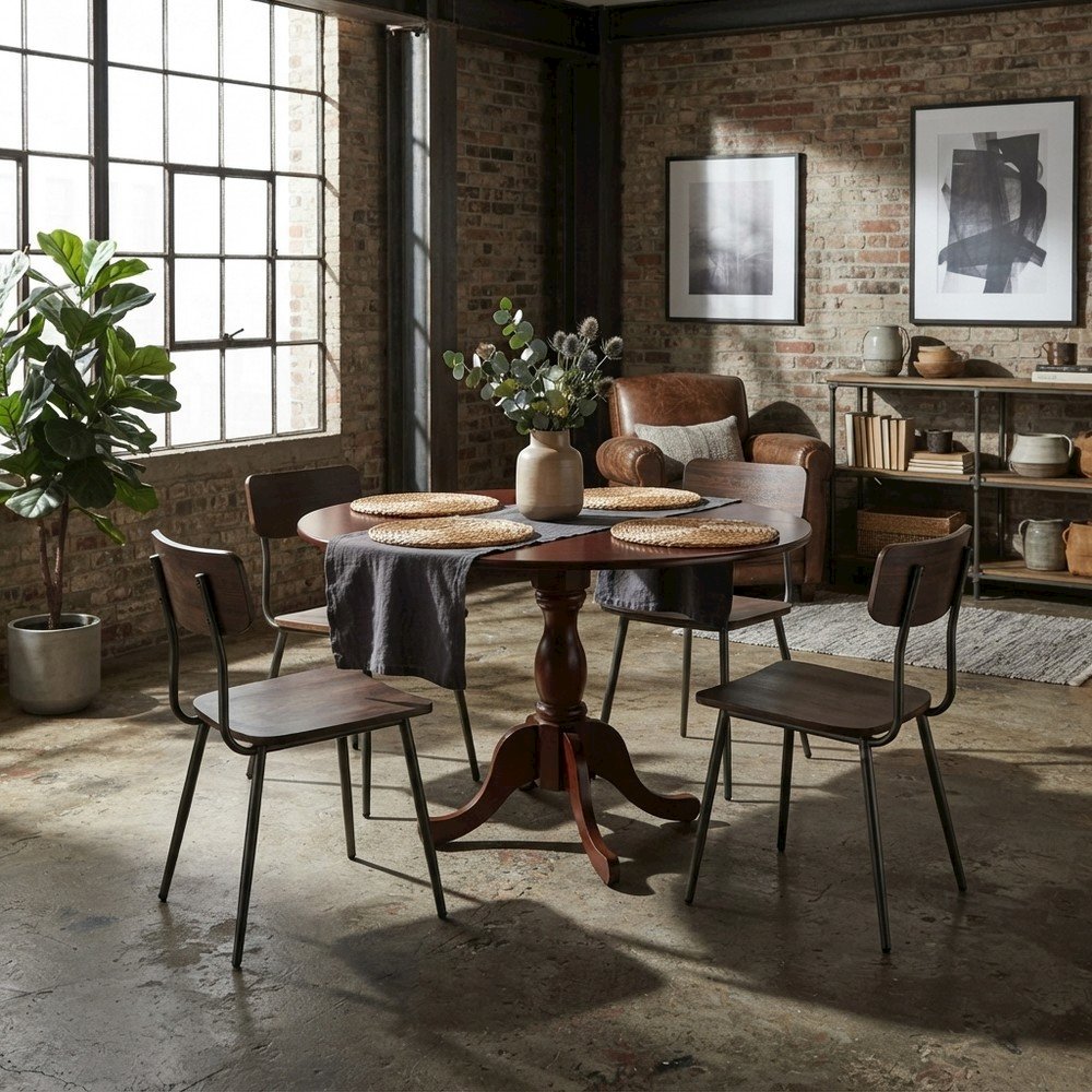 Wood Round Dining Table with Drop-Leaf Top and Pedestal, Mahogany