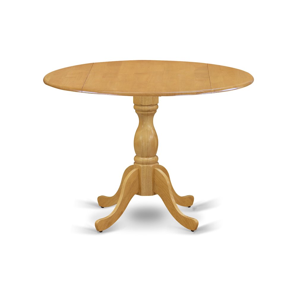East West Furniture 3-Piece Dining Room Set- 2 Wood Chair with Wooden Seat and Slatted Chair Back - Dropleafs Round Dining Table - Oak Finish