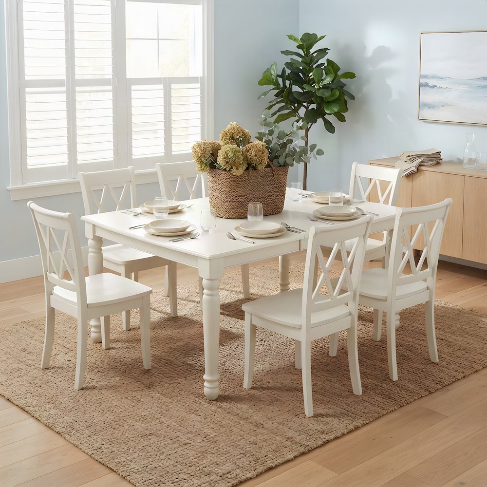 Linen-Upholstered Extendable Dining Table with Chairs, Farmhouse Style