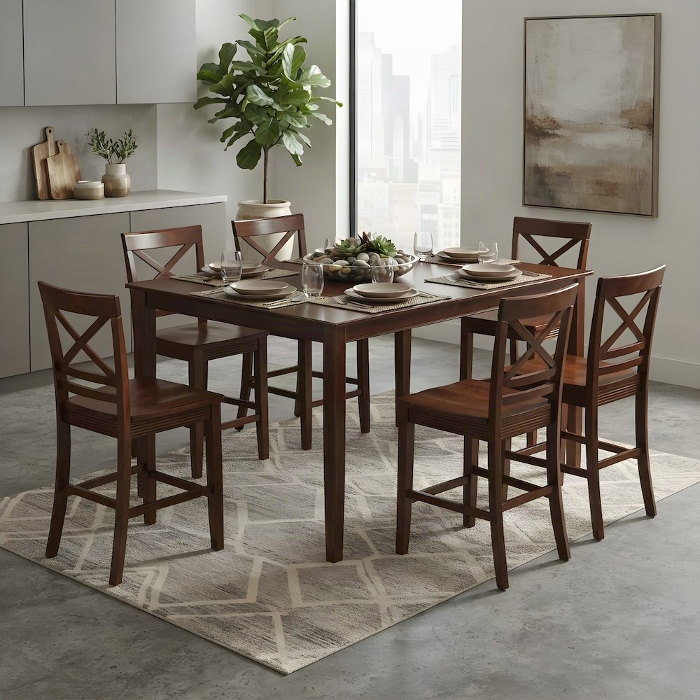 Solid Wood Counter Height Dining Table and 6 Chairs 7 Piece Set, Mahogany