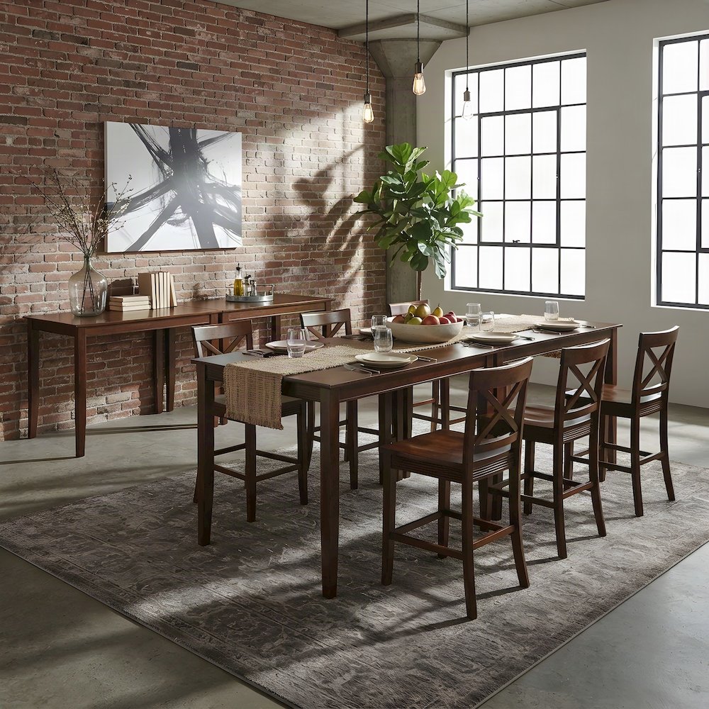 Solid Wood Counter Height Dining Table and 6 Chairs 7 Piece Set, Mahogany