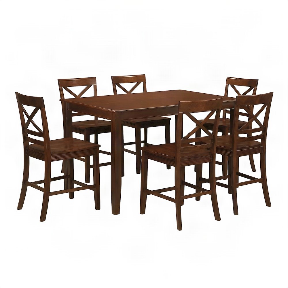 Solid Wood Counter Height Dining Table and 6 Chairs 7 Piece Set, Mahogany