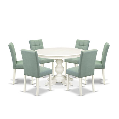 Solid Wood Round Oval Dining Table with Linen Chairs 5 Piece Set, Linen White