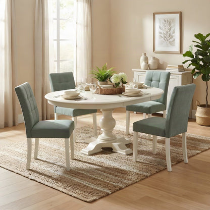 Solid Wood Round Oval Dining Table with Linen Chairs 5 Piece Set, Linen White