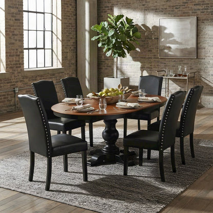 Wood Oval Dining Table with 6 High-Back Chairs, 7 Piece Set, Black & Cherry