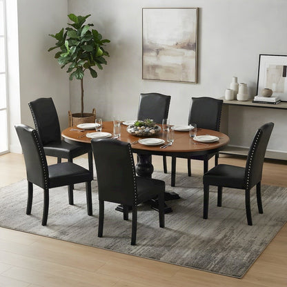 Wood Oval Dining Table with 6 High-Back Chairs, 7 Piece Set, Black & Cherry