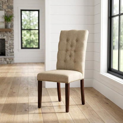 Fabric-Upholstered Parsons Dining Chair with Mahogany Legs for Dining Room, Set of 2