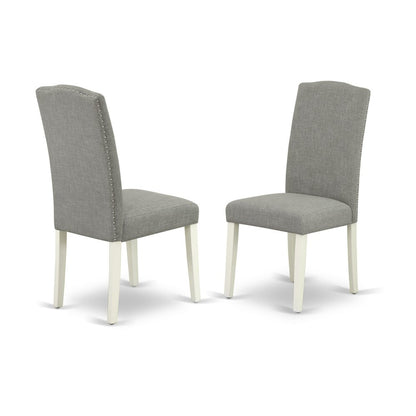 East West Furniture DMEN3-LWH-06 3 Piece Dinette Sets Contains 1 Drop Leaves Wooden Table and 2 Dark Shitake Linen Fabric Parsons Chair High Back with Nail Heads - Linen White Finish