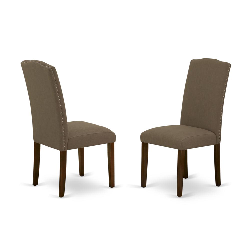 East West Furniture DMEN3-MAH-18 3 Piece Dining Room Set Includes 1 Drop Leaves Dining Table and 2 Dark Coffee Linen Fabric Upholstered Chair High Back with Nail Heads - Mahogany Finish