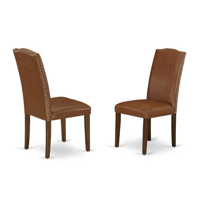 East West Furniture DMEN3-MAH-66 3 Piece Modern Dining Table Set Consists of 1 Drop Leaves Wooden Dining Table and 2 Brown Faux Leather Dining Chairs High Back with Nail Heads - Mahogany Finish