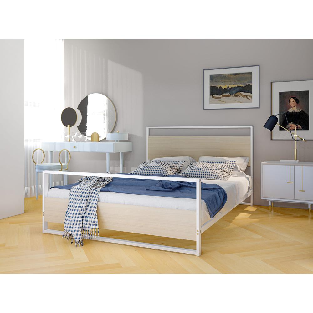 Erie Platform Bed Frame with 4 Metal Legs - High-class Bed in Powder Coating White Color and White Wood laminate