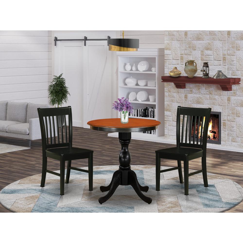 East West Furniture 3-Piece Kitchen Dining Table Set Include a Dinner Table and 2 Wood Chairs with Slatted Back - Black Finish