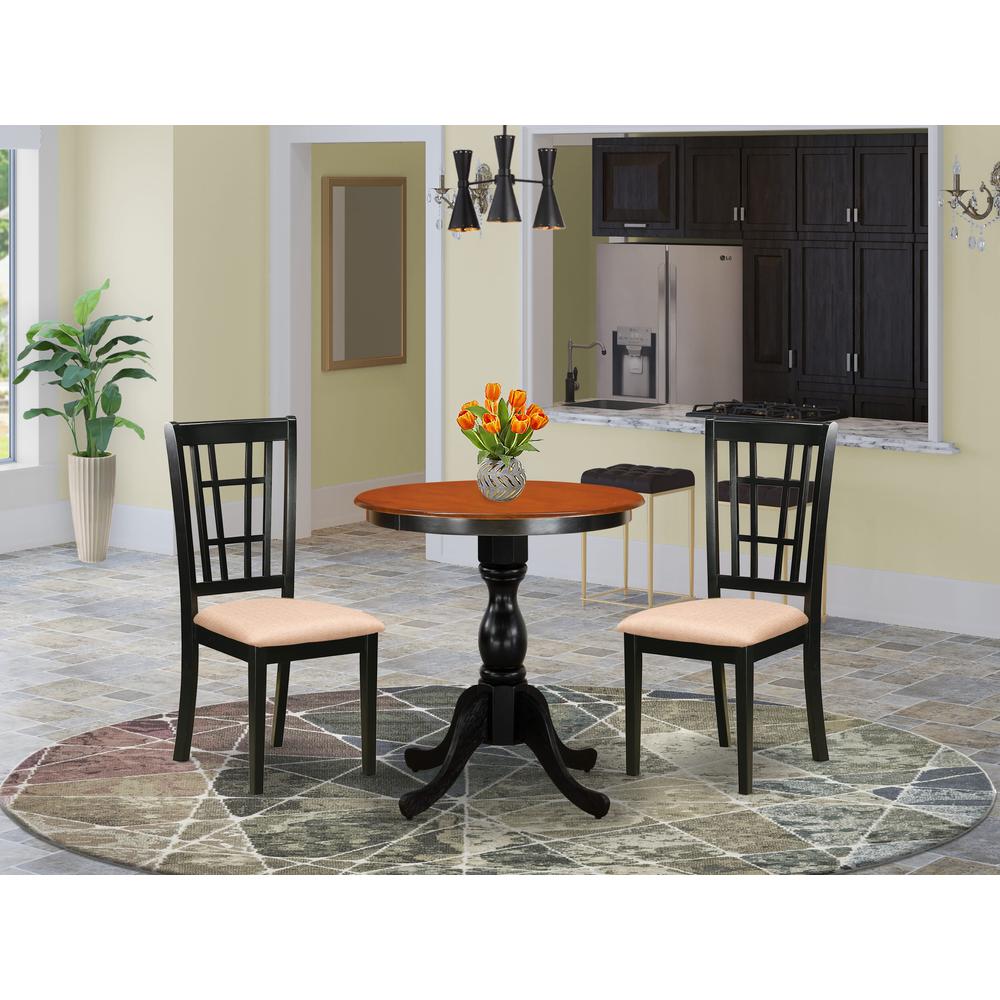 3 Pc Dining Room Table Set, Round Dining Table with Pedestal, 2 Linen Fabric Upholstered Chairs, Black & Cherry
