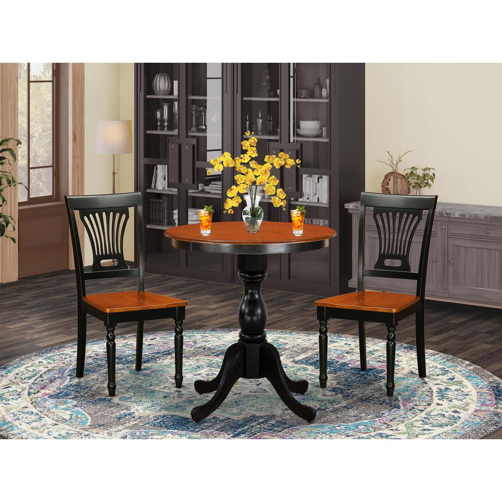 East West Furniture 3-Piece Kitchen Table Set Include a Wood Dining Table and 2 Modern Dining Chairs with Slatted Back - Black Finish