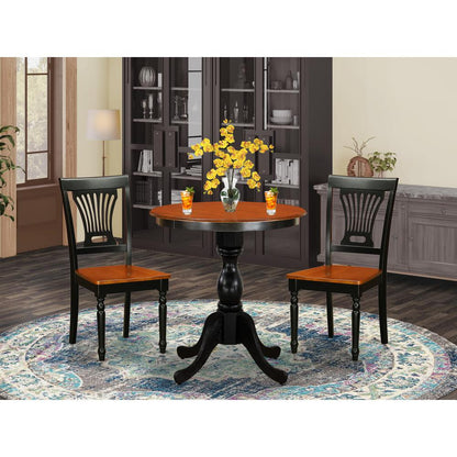 East West Furniture 3-Piece Kitchen Table Set Include a Wood Dining Table and 2 Modern Dining Chairs with Slatted Back - Black Finish