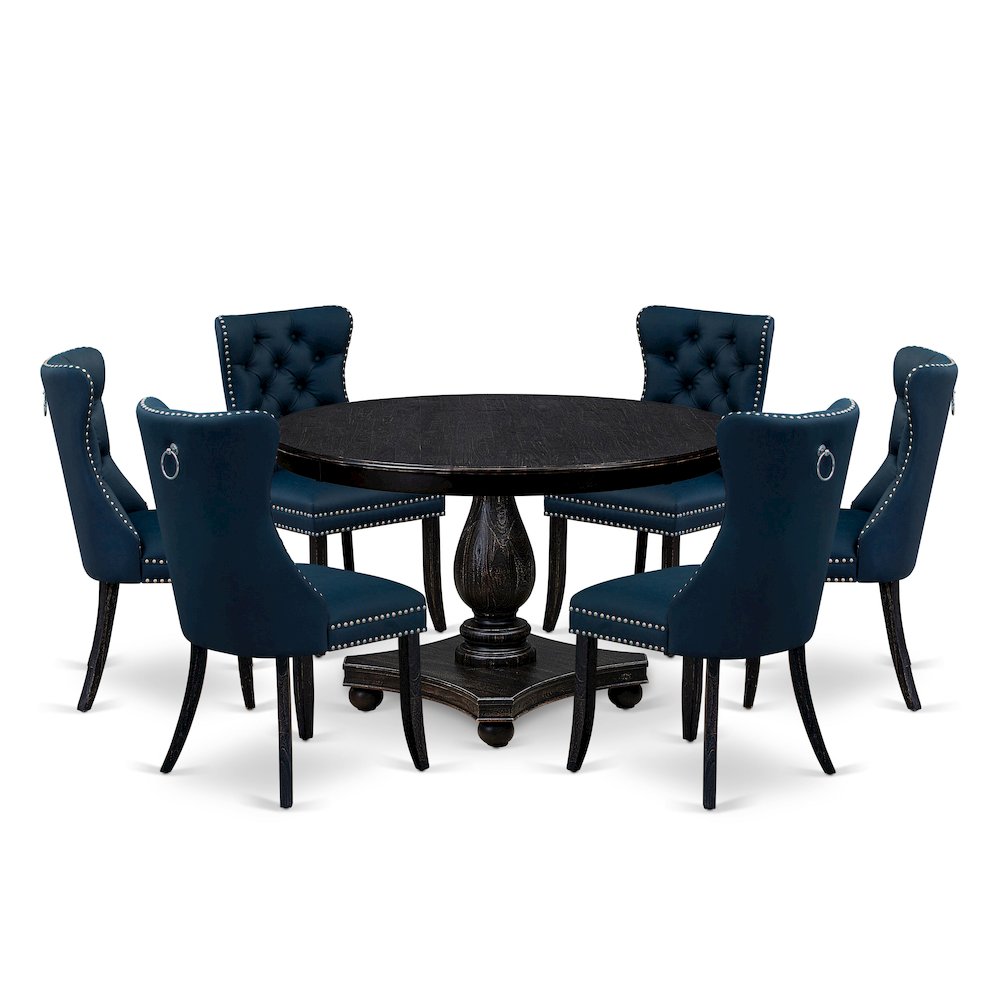 7 Piece Dining Table Set Consists Of 48" Round Table In Navy Blue Color
