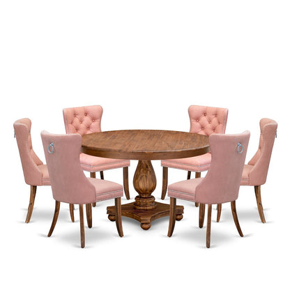 7-Pc Dinner Set Contain A Mid Century Table And 6 Beige Red Upholstered Chairs