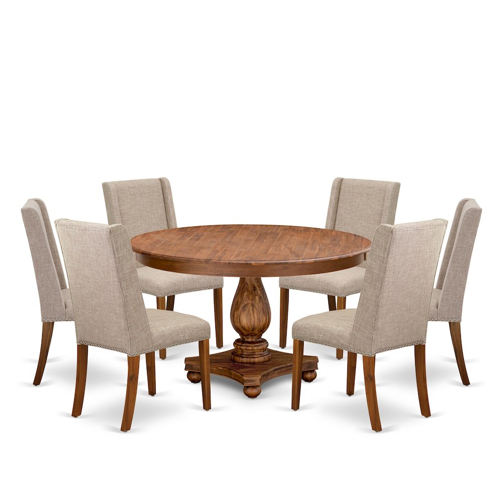 7-Piece Dining Table Set A Wooden Dining Table, 6 Light Tan Fabric Parsons Chair