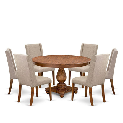 7-Piece Dining Table Set A Wooden Dining Table, 6 Light Tan Fabric Parsons Chair
