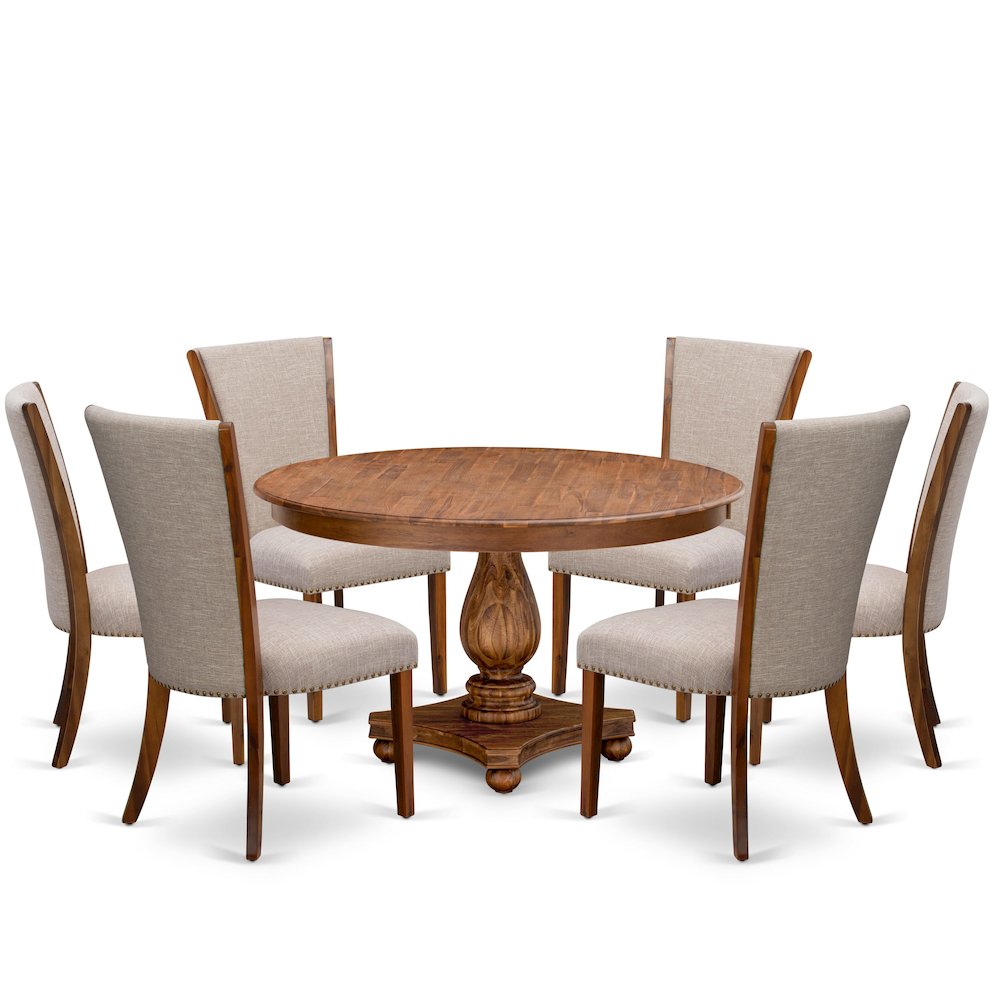 7 Piece Dinette Set Consists Of 54" Round Dining Table In Light Tan Color