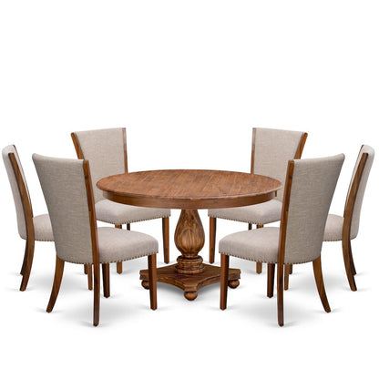 7 Piece Dinette Set Consists Of 54" Round Dining Table In Light Tan Color