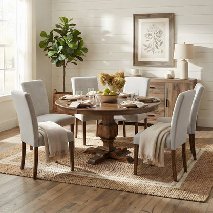 Solid Wood Round Kitchen Table and Chairs with Linen Parson Seats