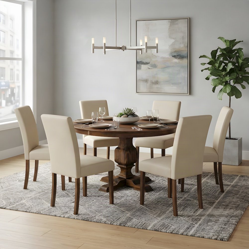 Solid Wood Round Kitchen Table and Chairs with Linen Parson Seats