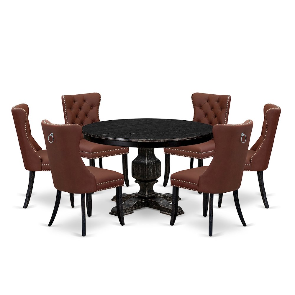 7 Piece Dining Table Set Consists Of 48" Round Table In Burgandy Color