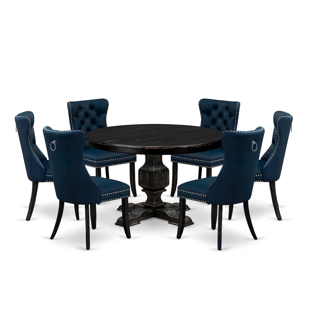 7 Piece Dining Table Set Includes 48" Round Table In Navy Blue Color