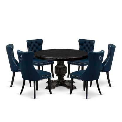 7 Piece Dining Table Set Includes 48" Round Table In Navy Blue Color