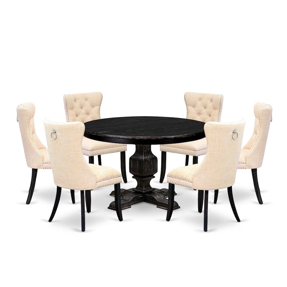 7-Pc Dining Table Set A Wooden Table, 6 Light Beige Linen Fabric Kitchen Chair
