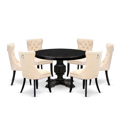 7-Pc Dining Table Set A Wooden Table, 6 Light Beige Linen Fabric Kitchen Chair