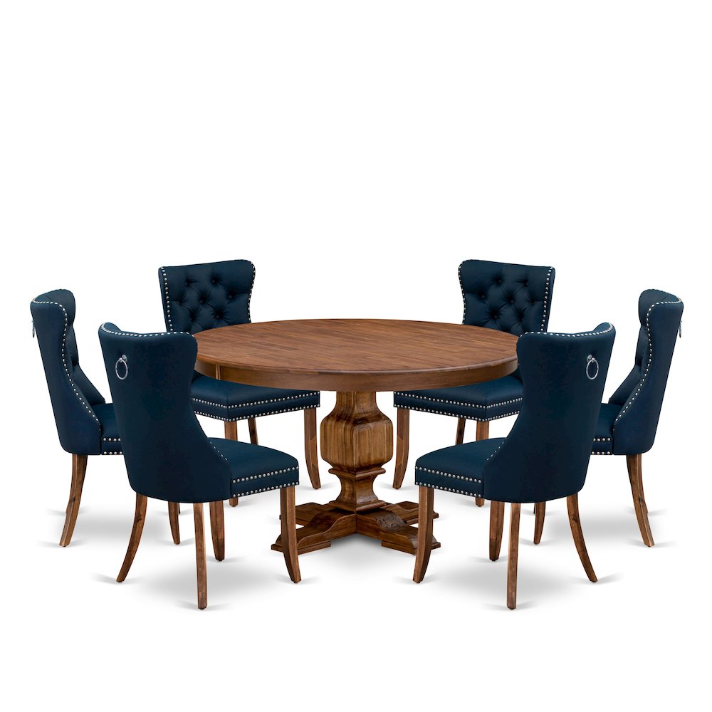 7-Pc Dinner Table Set Consist A Mid Century Table And 6 Navy Blue Parsons Chairs