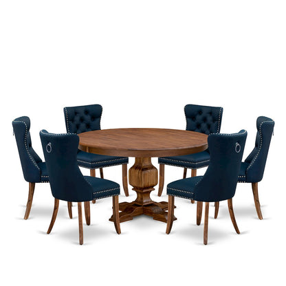 7-Pc Dinner Table Set Consist A Mid Century Table And 6 Navy Blue Parsons Chairs