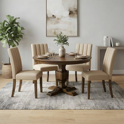 Solid Wood Round Dining Table and Linen Parson Chairs 5 Piece Set