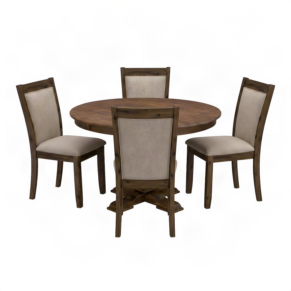 Solid Wood Round Dining Table and Linen Parson Chairs 5 Piece Set